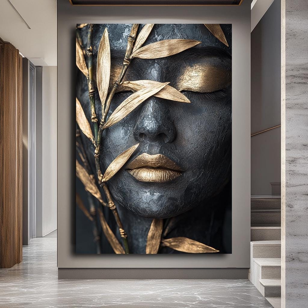 Abstract Gold and Black Woman Canvas Print, Elegant Textured Wall Art,