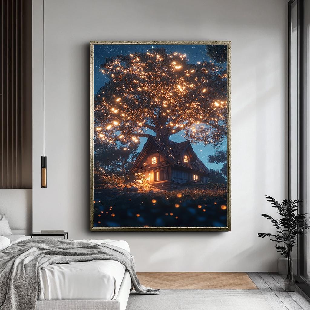 Magical Tree House Canvas Art | Cozy Cottage Under Starry Sky | Glowin