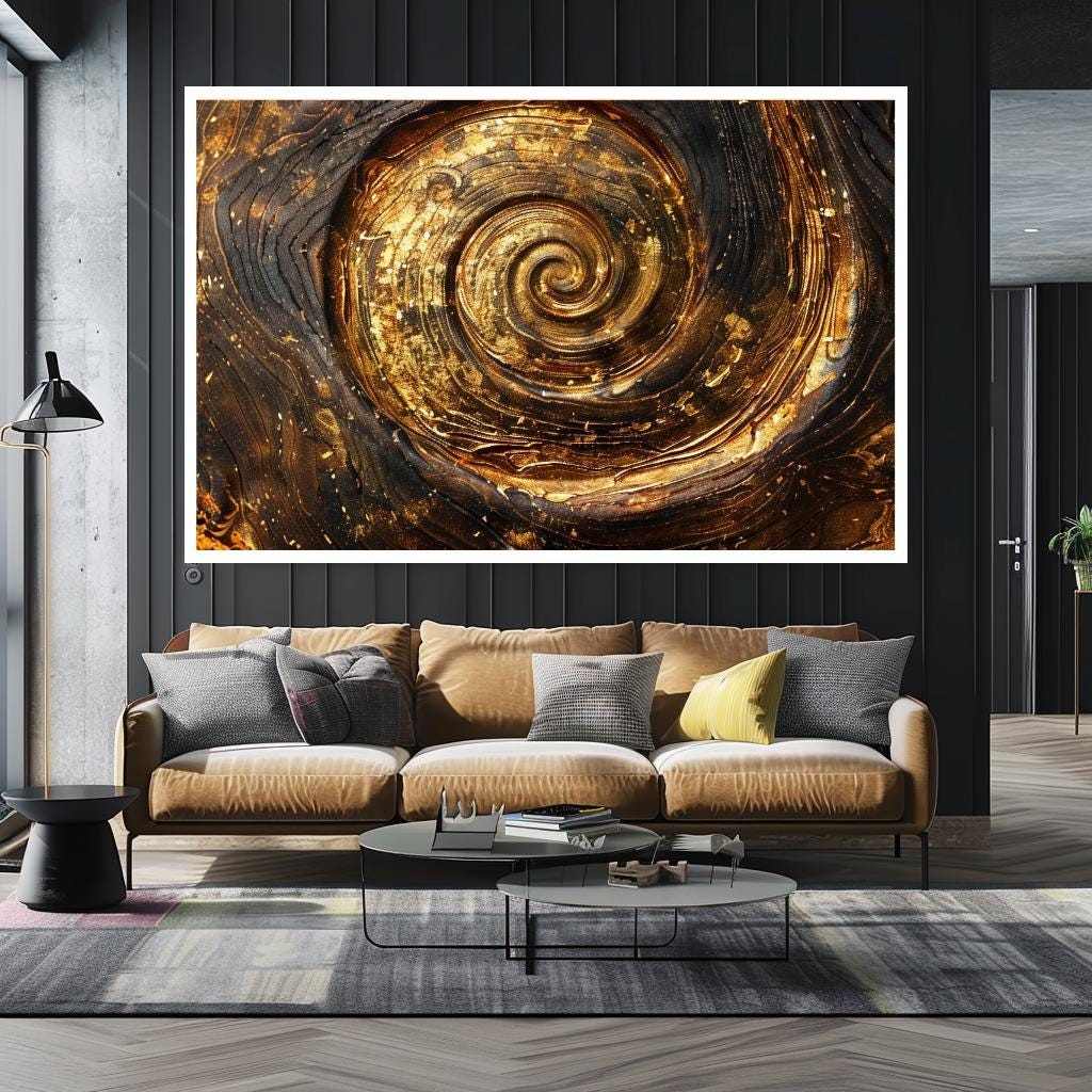 Golden Spiral Wall Art | Abstract Luxury Canvas Print | Modern Black G
