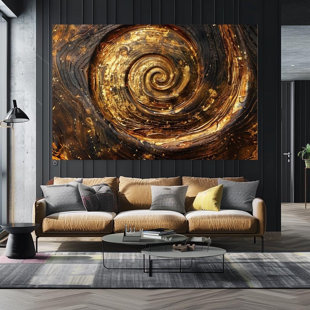 Golden Spiral Wall Art | Abstract Luxury Canvas Print | Modern Black G