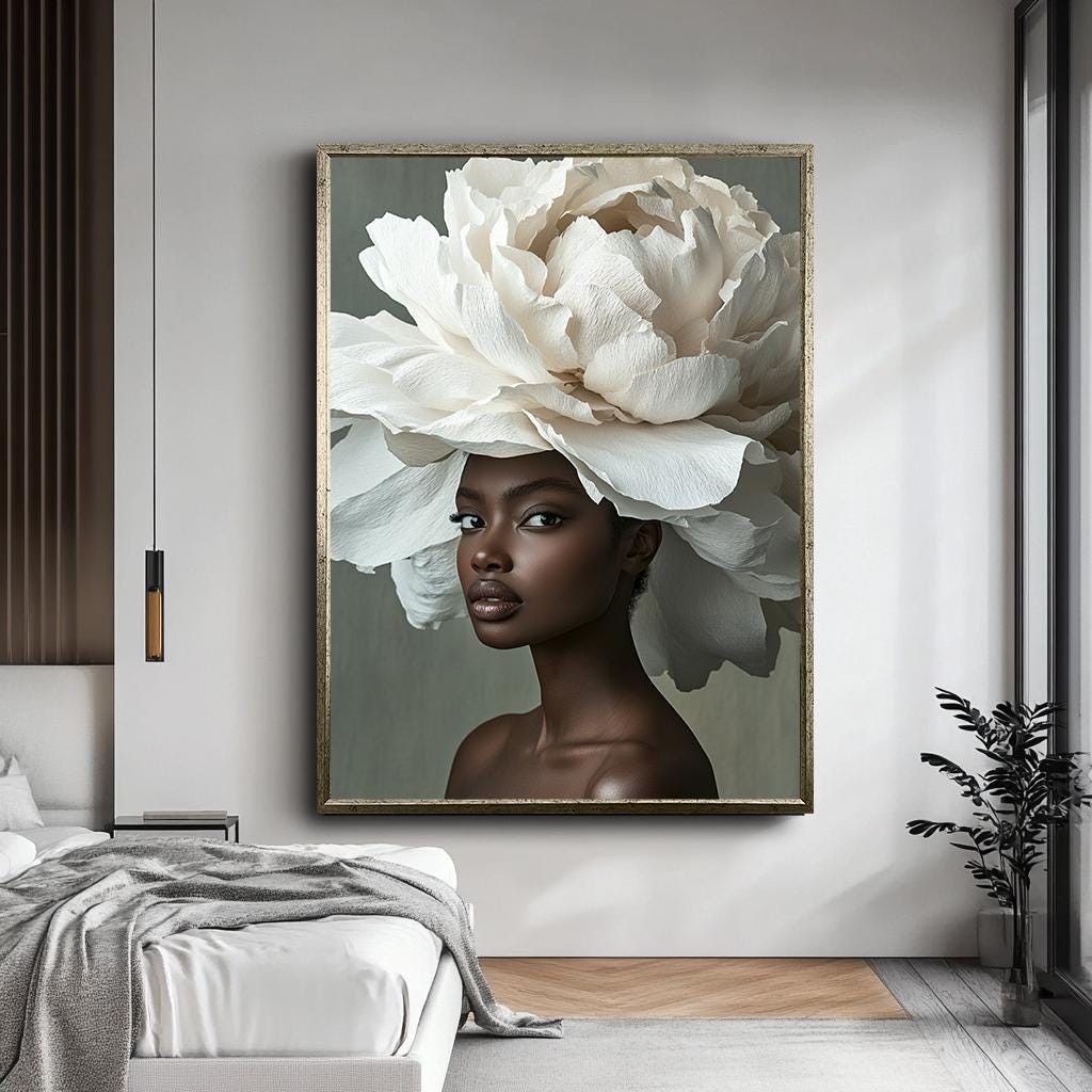 Çiçek Başlıklı Zarif Afrikalı Kadın Kanvas Tablo, Cesur Afrocentric Duvar Sanatı, Modern Moda Portre, Zarif Siyah Güzellik Sanat Eseri