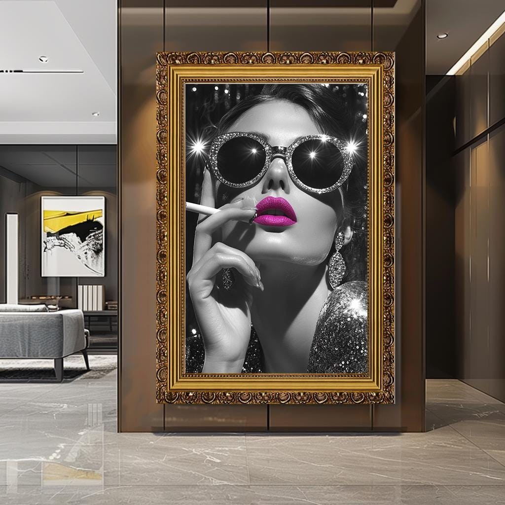 Glamorous Woman Wall Art with Pink Lips, Black and White Luxury Canvas