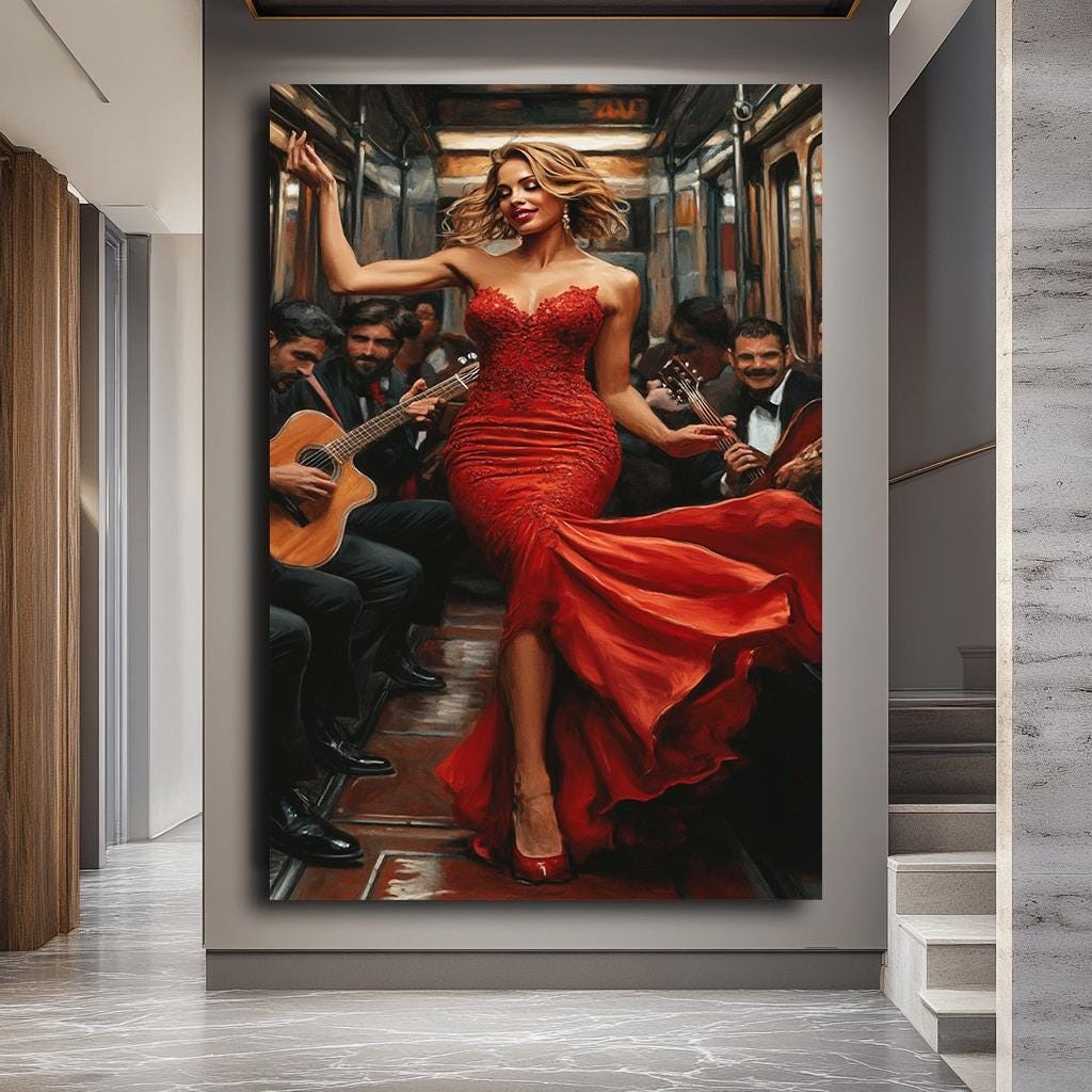 Glamorous Woman in Red Dress Canvas Print, Elegant Lady in Subway Art,