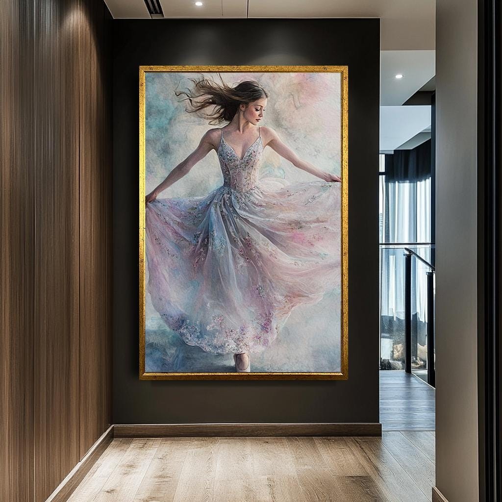 Graceful Dancing Woman Canvas Print, Elegant Flowing Dress Wall Art,Mo