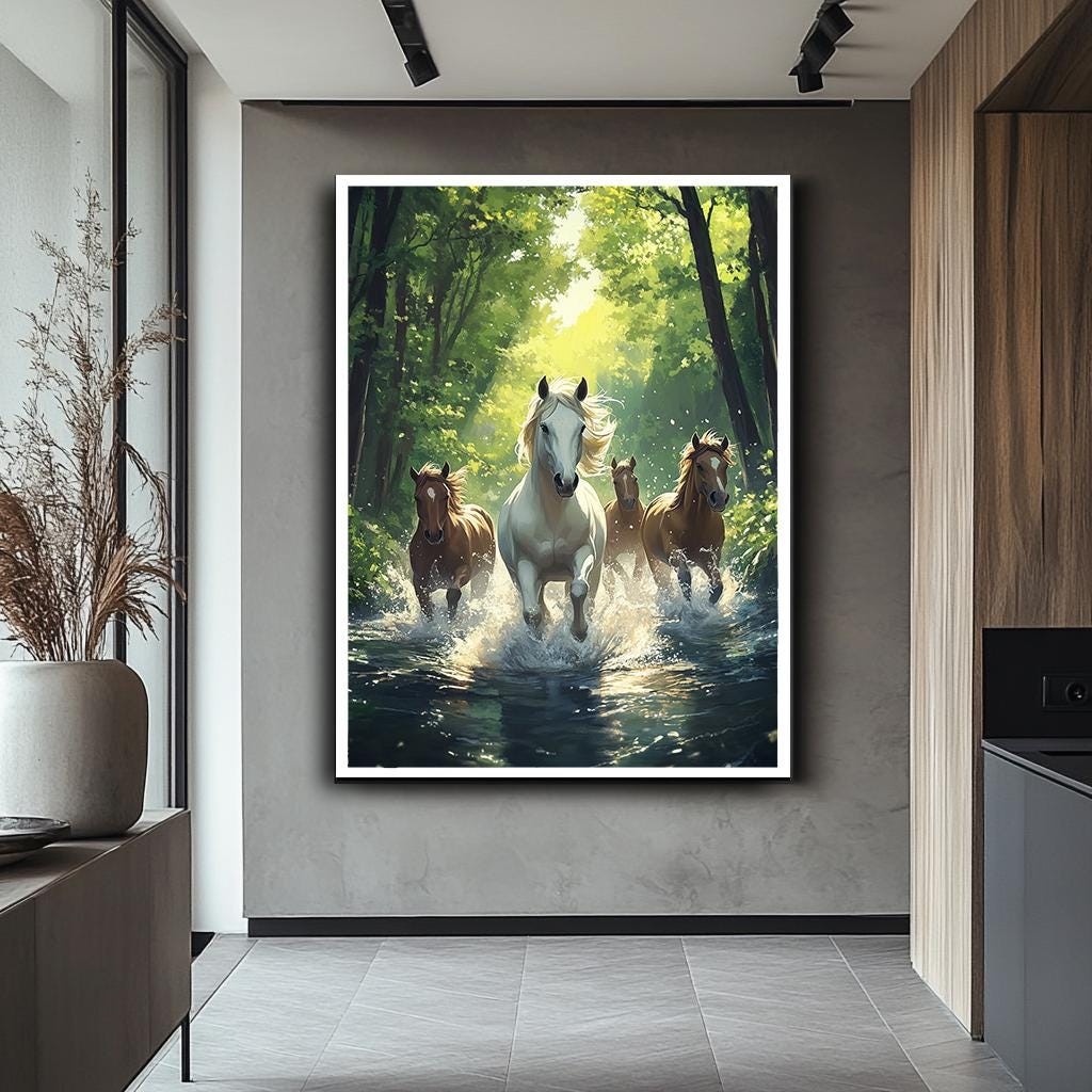 Majestic Horses Running Through Water Canvas Art, Nature-Inspired Anim