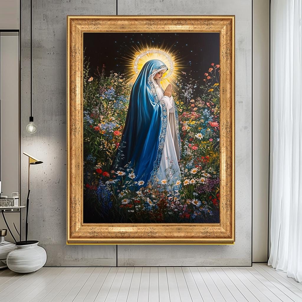 Meryem Ana Kanvas Duvar Sanatı - Çiçekli Dini Ev Dekorasyonu - Hristiyan Kanvas Baskı - İlham Veren Kutsal Anne Tablosu,Duvar Sanatı