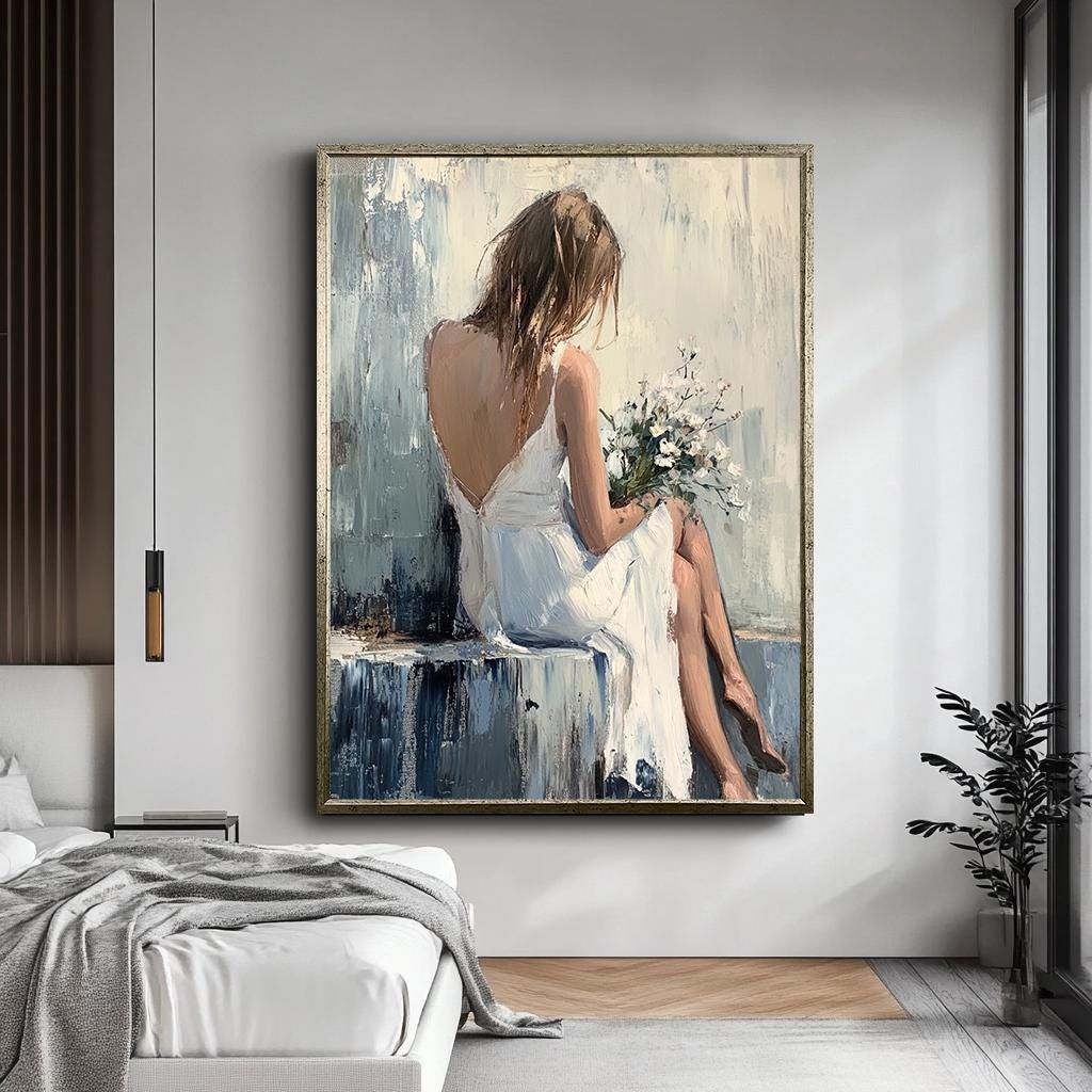Serene Woman Canvas Art, Elegant Figure Holding Flowers, Large Abstrac