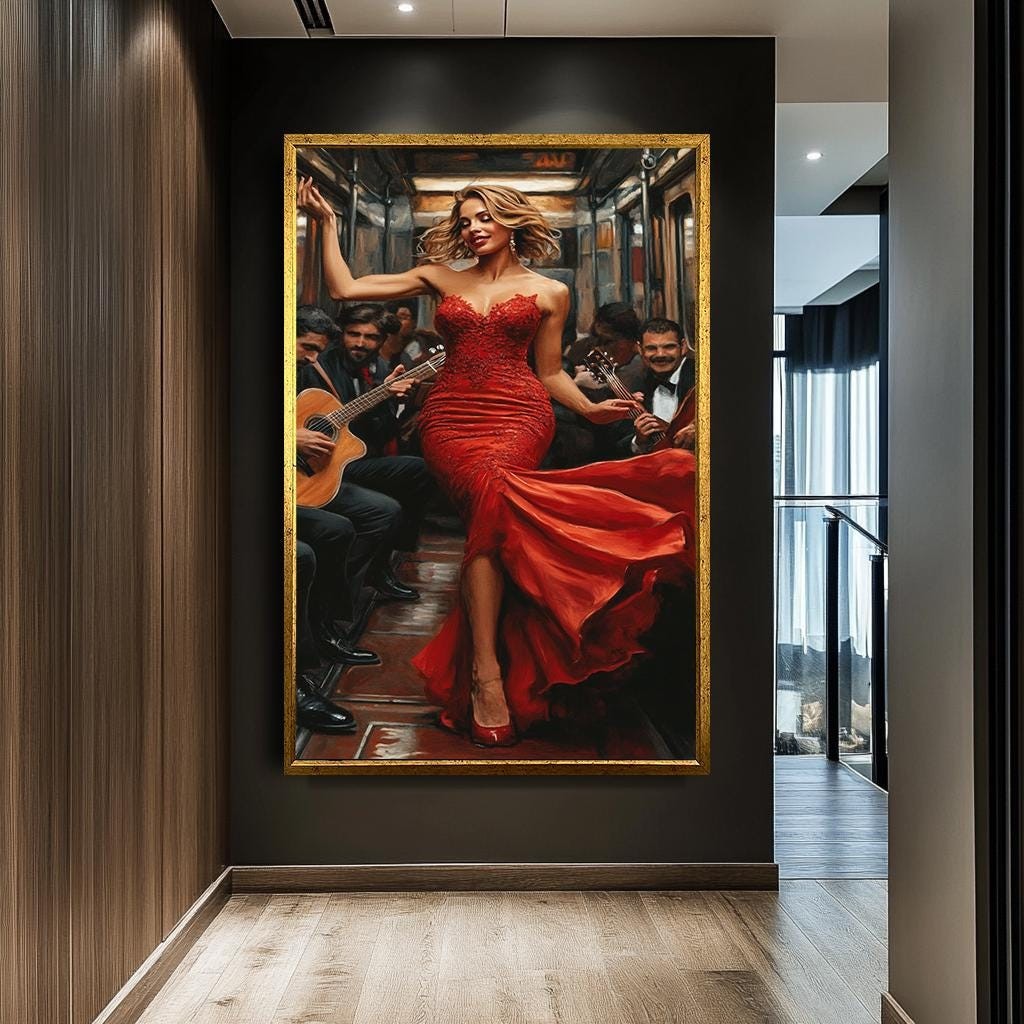 Glamorous Woman in Red Dress Canvas Print, Elegant Lady in Subway Art,