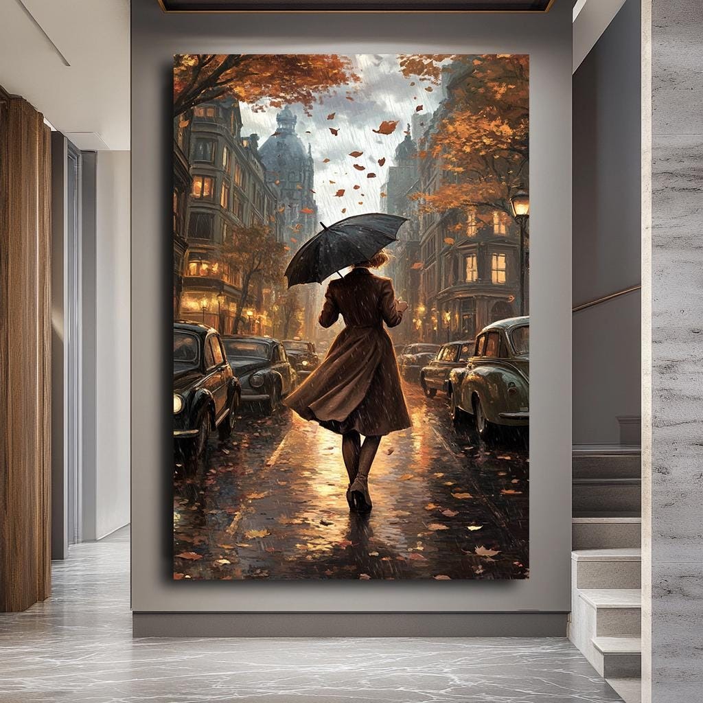 Rainy Street Scene Wall Art, Elegant Woman with Umbrella Canvas, Vinta
