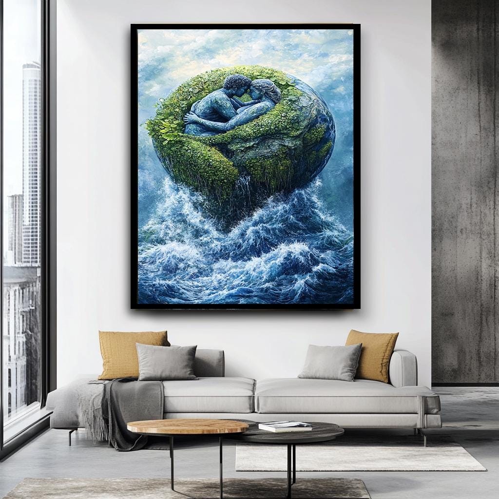 Nature Lovers Embrace Canvas Print - Romantic Earth and Water Artwork 