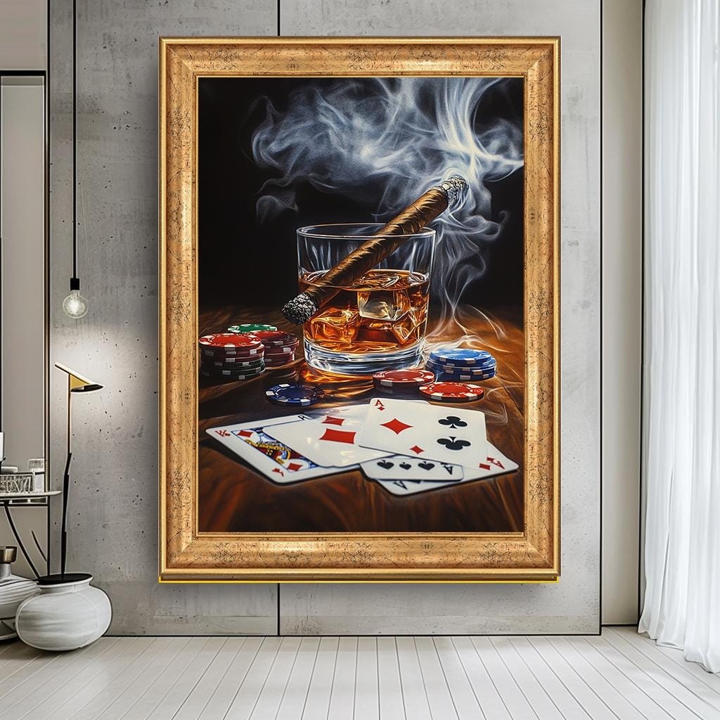 Whiskey, Cigar, and Poker Canvas Print, Casino-Themed Wall Art, Luxury