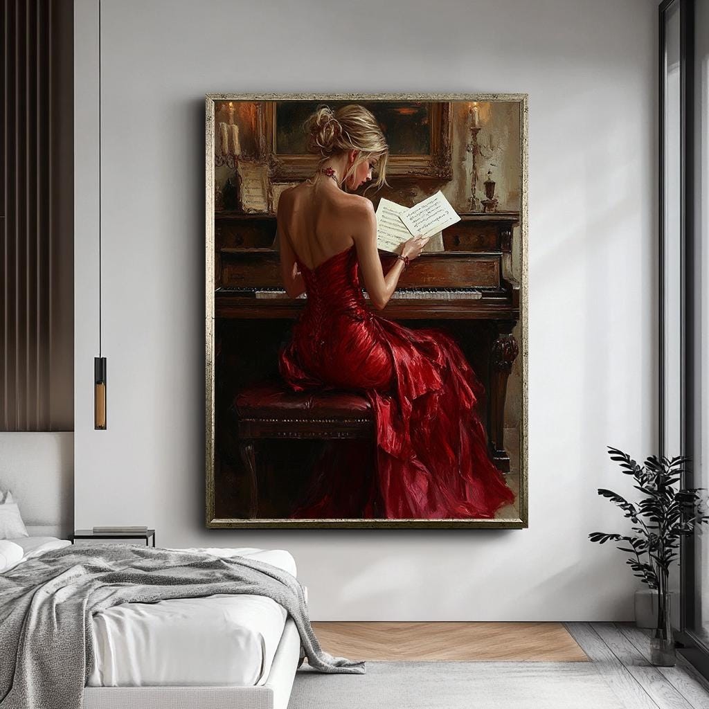 Elegant Woman at Piano Canvas Print, Classical Music Art, Red Dress Wa