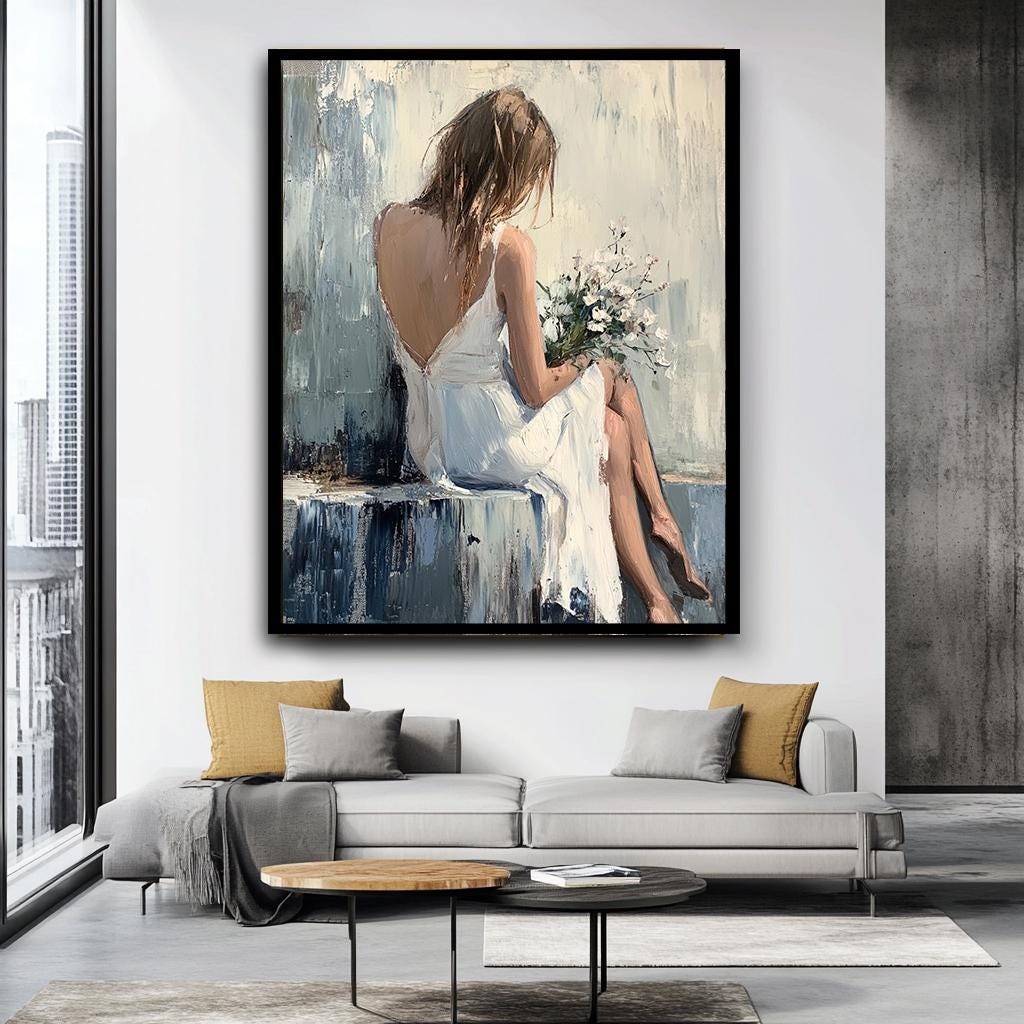 Serene Woman Canvas Art, Elegant Figure Holding Flowers, Large Abstrac