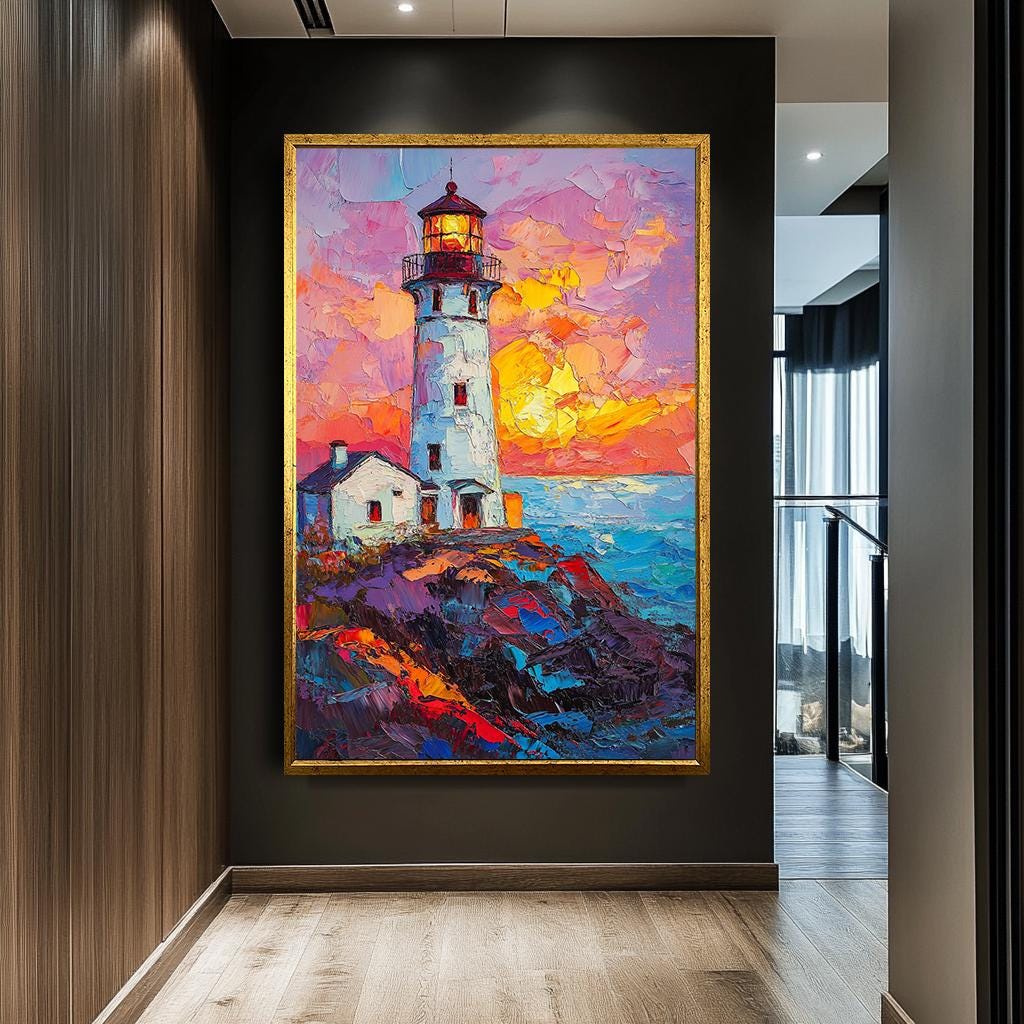 Canlı Deniz Feneri Kanvas Baskı, Renkli Gün Batımı Deniz Manzarası Resim, Oturma Odası için Dokulu Kıyı Duvar Sanatı, Cesur Okyanus Manzarası Dekoru