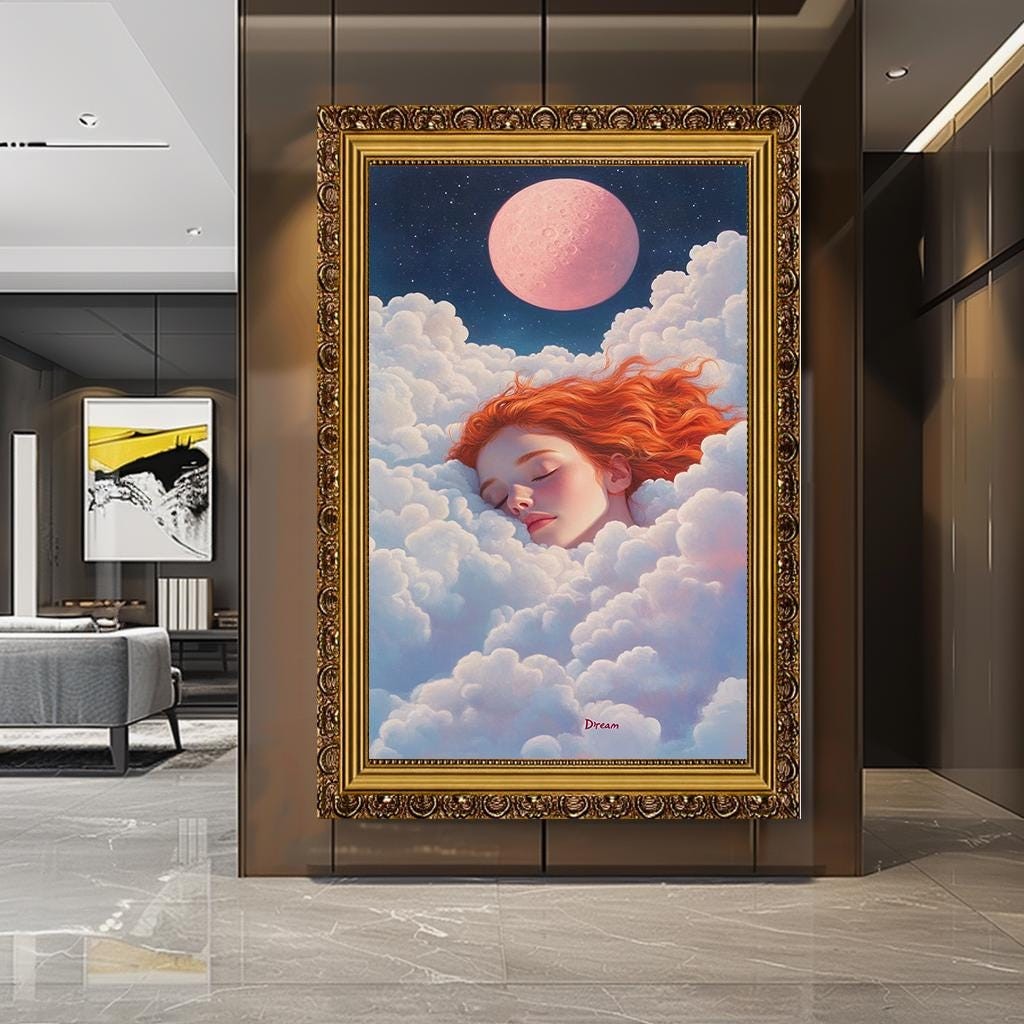Dreamy Girl in Clouds with Pink Moon Canvas Art | Surreal Sleep-Inspir