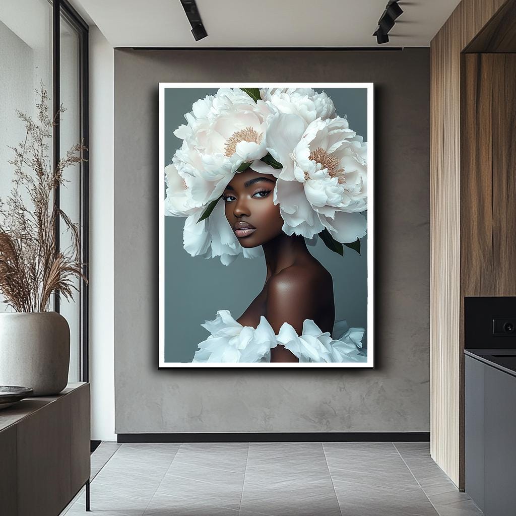 Çiçek Başlıklı Afrikalı Kadın Kanvas Tablo, Afrocentric Güzellik Duvar Sanatı, Zarif Afrika Kraliçesi Portresi, Modern Çiçekli Sanat Eseri