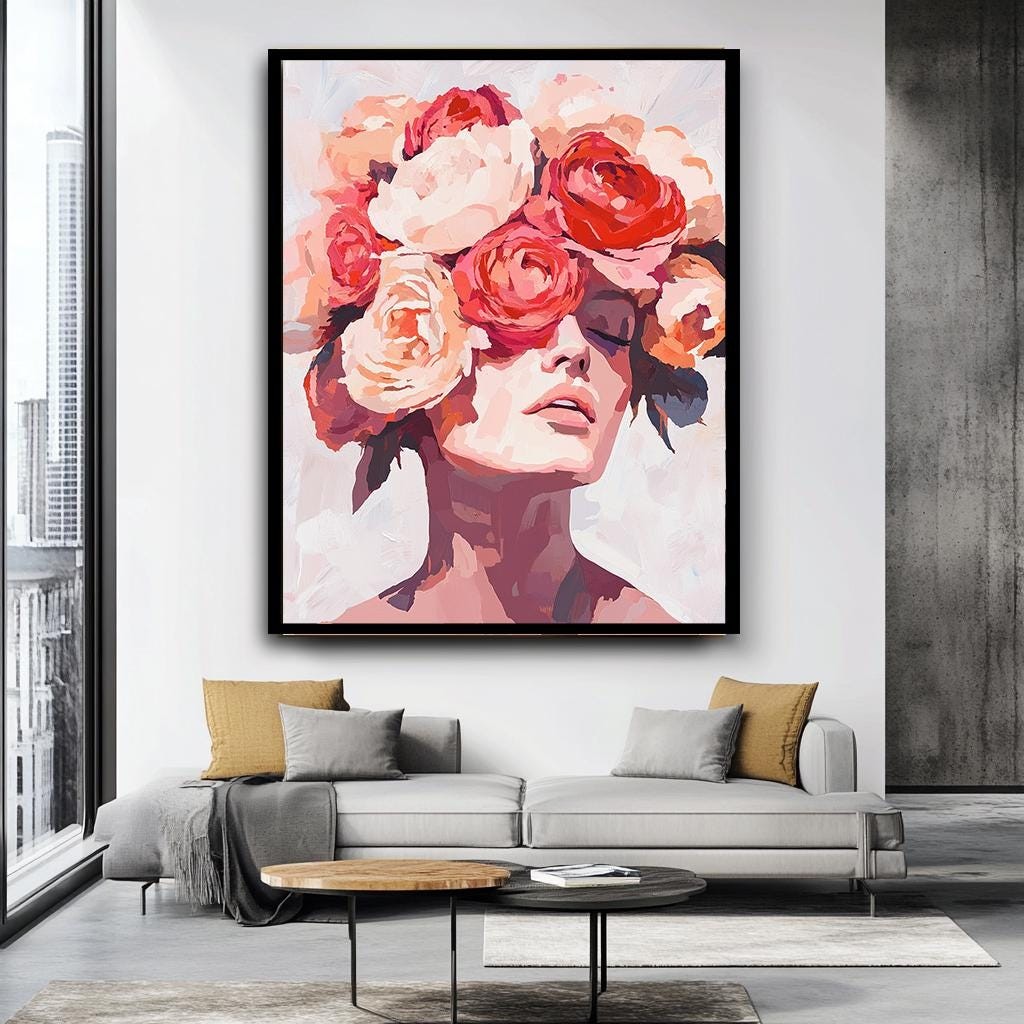 Abstract Floral Woman Portrait Wall Art, Modern Female Canvas Print, E