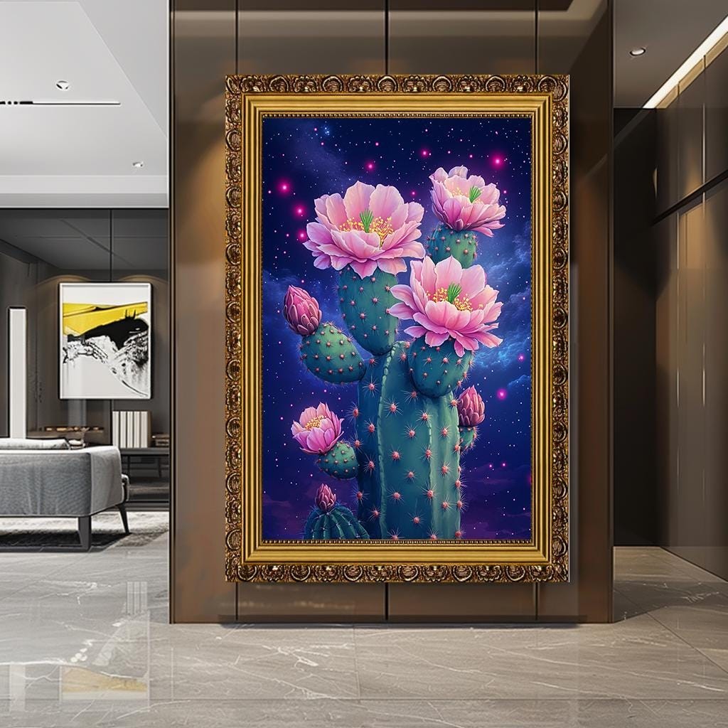 Cactus Flower Art Print, Neon Pink Floral Cactus Wall Art, Cosmic Dese