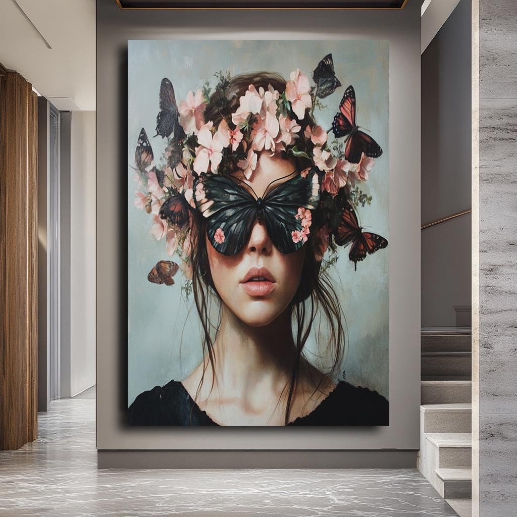 Butterfly Woman Portrait Art, Surreal Floral Crown Canvas, Elegant Fan