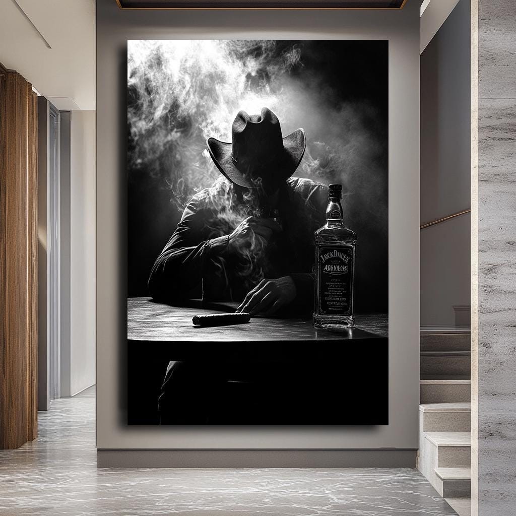 Western Cowboy Black and White Canvas Print, Cigar and Whiskey Wall Ar