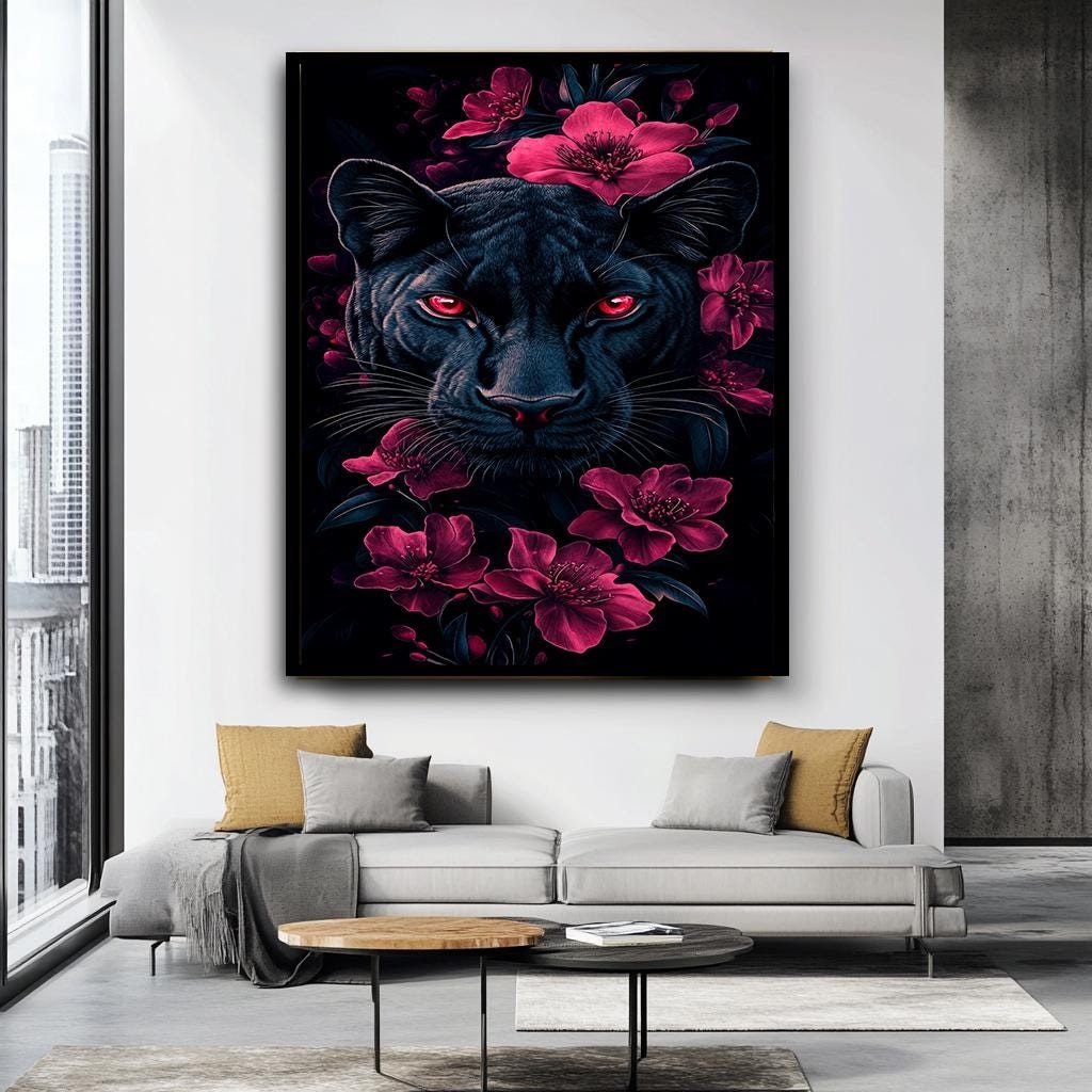 Black Panther with Red Eyes and Floral Accents Canvas Print, Dark and 