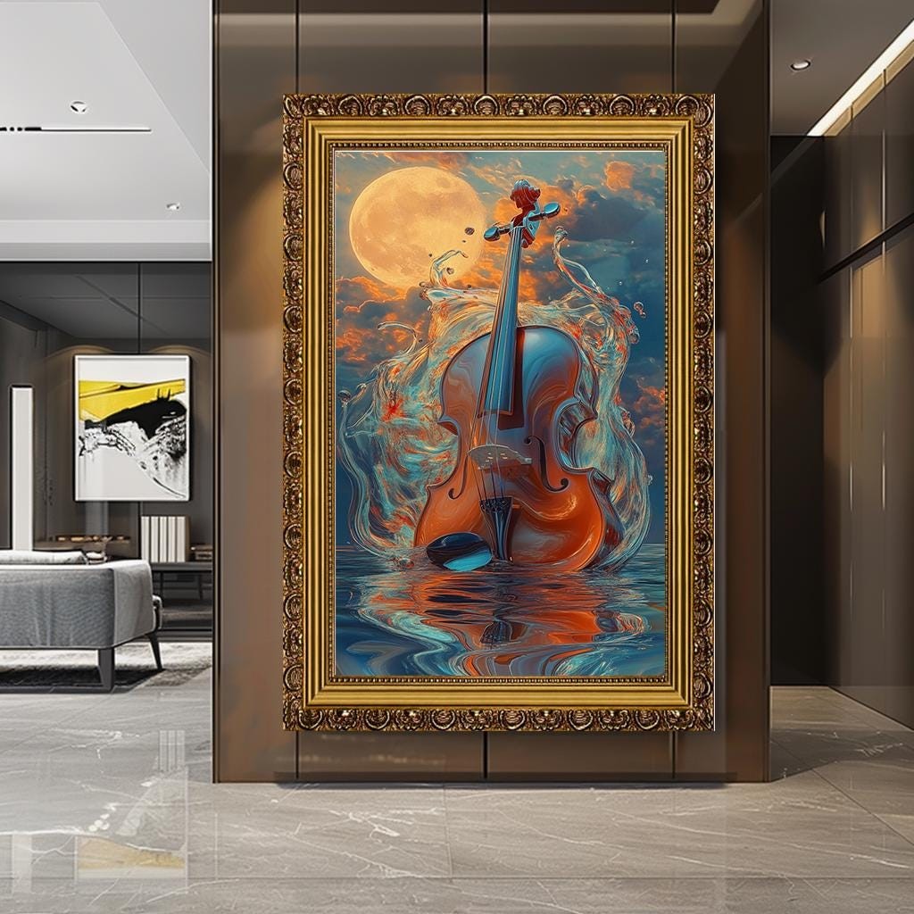 Violin and Moon Canvas Print, Dreamlike Musical Instrument Art, Vibran