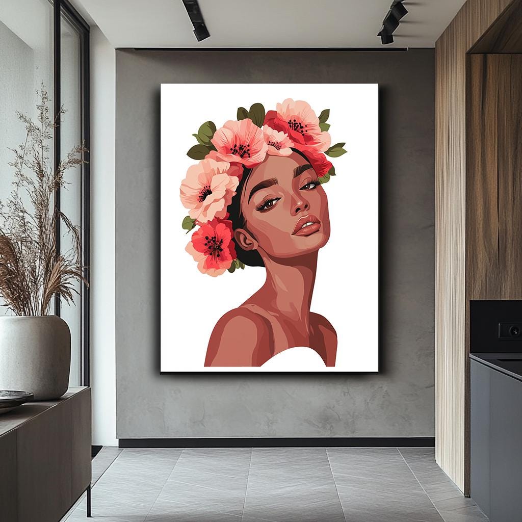 Floral Woman Portrait Wall Art, Elegant Flower Crown Canvas, Feminine 