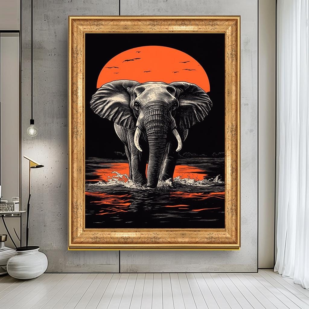 Majestic Elephant Sunset Wall Art, Bold African Wildlife Canvas, Vibra