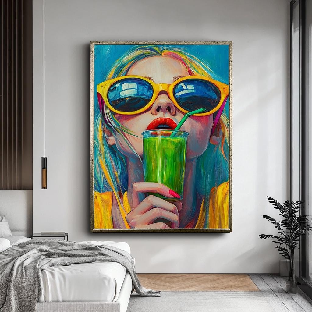 Vibrant Summer Woman with Green Smoothie Wall Art, Colorful Pop Art Ca