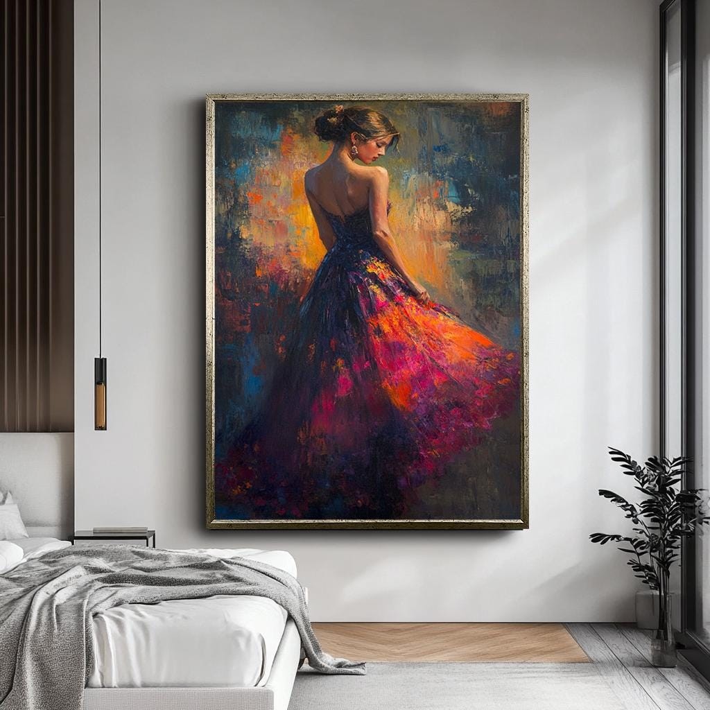 Woman in Flowing Dress Canvas Print, Vibrant Impressionist Painting, M