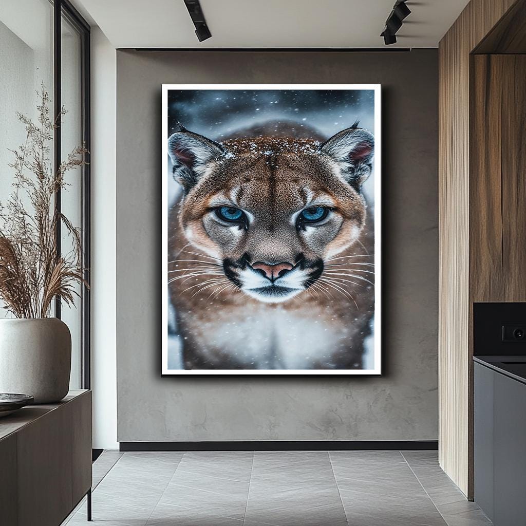 Snow Leopard Wall Art, Fierce Mountain Lion Canvas, Wild Animal Portra