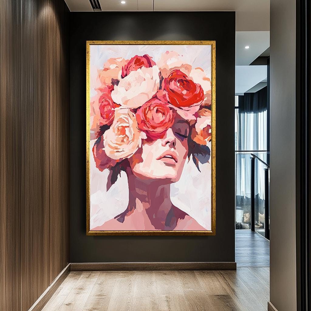 Abstract Floral Woman Portrait Wall Art, Modern Female Canvas Print, E