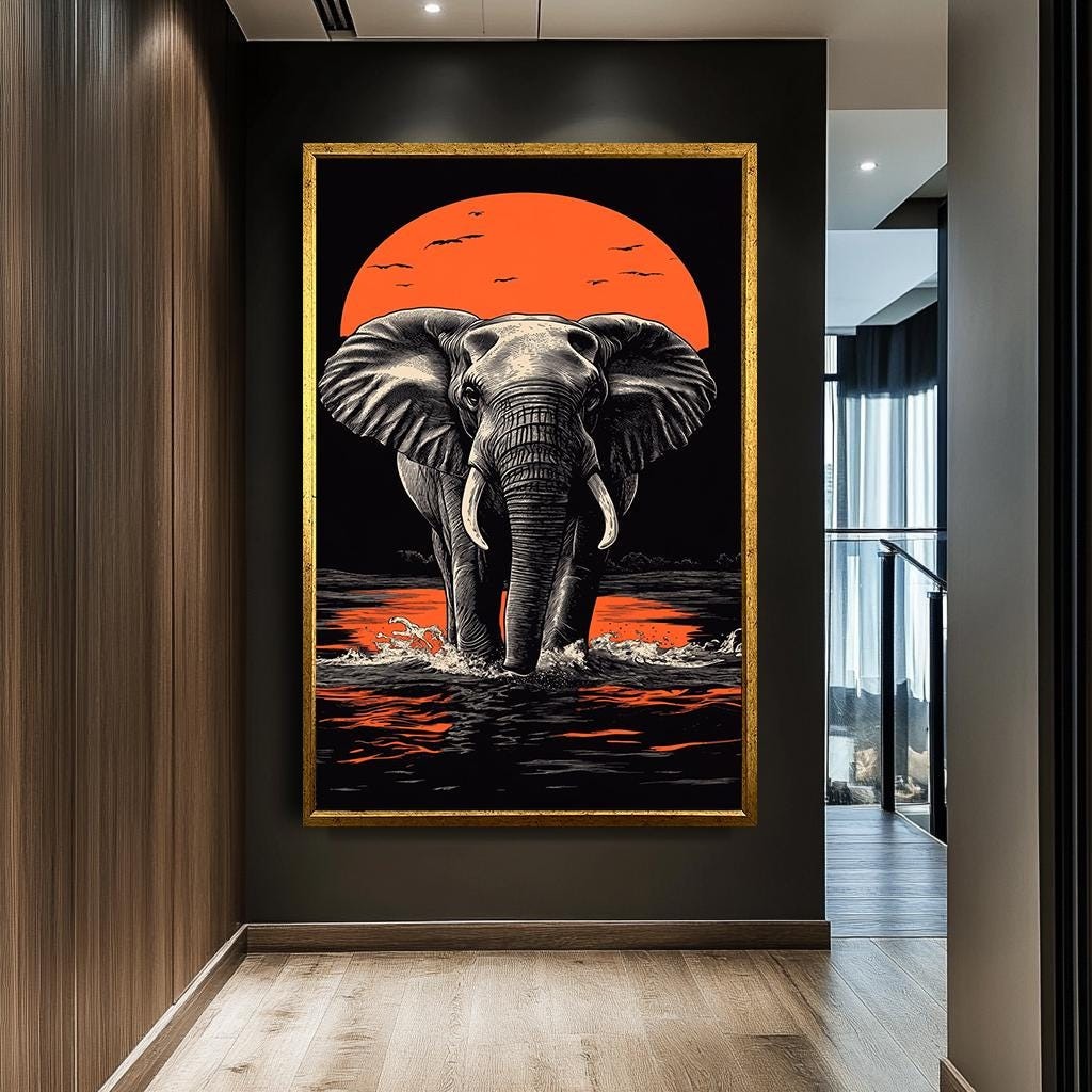 Majestic Elephant Sunset Wall Art, Bold African Wildlife Canvas, Vibra