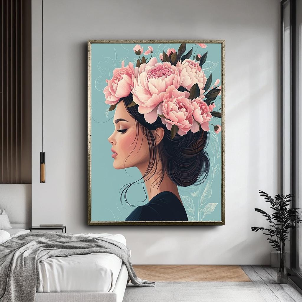 Floral Woman Portrait Wall Art, Elegant Flower Crown Canvas, Feminine 