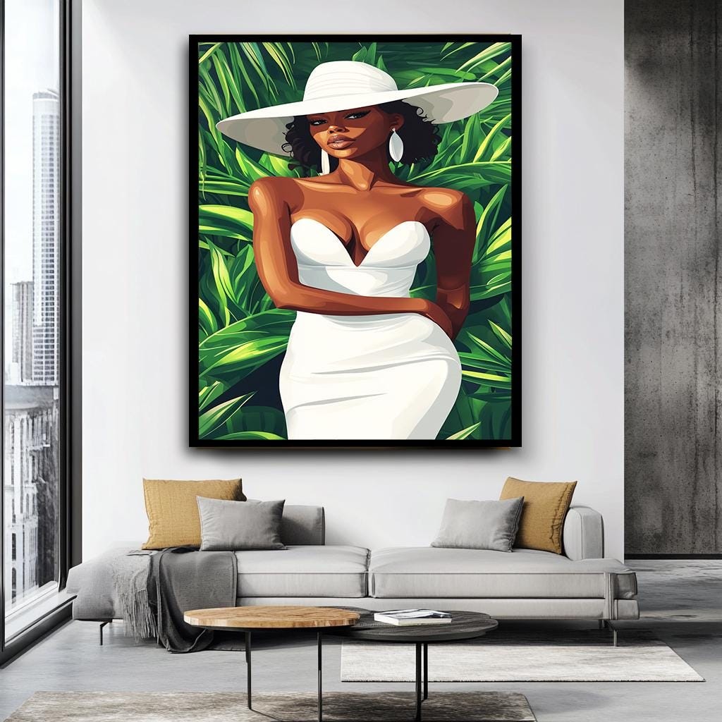 Elegant African Woman in White Dress Canvas Print, Bold Afrocentric Ar