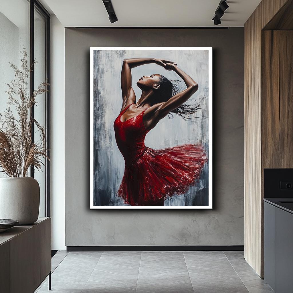 Elegant Ballerina Canvas Painting, Dynamic Dance Art in Red Dress, Lar