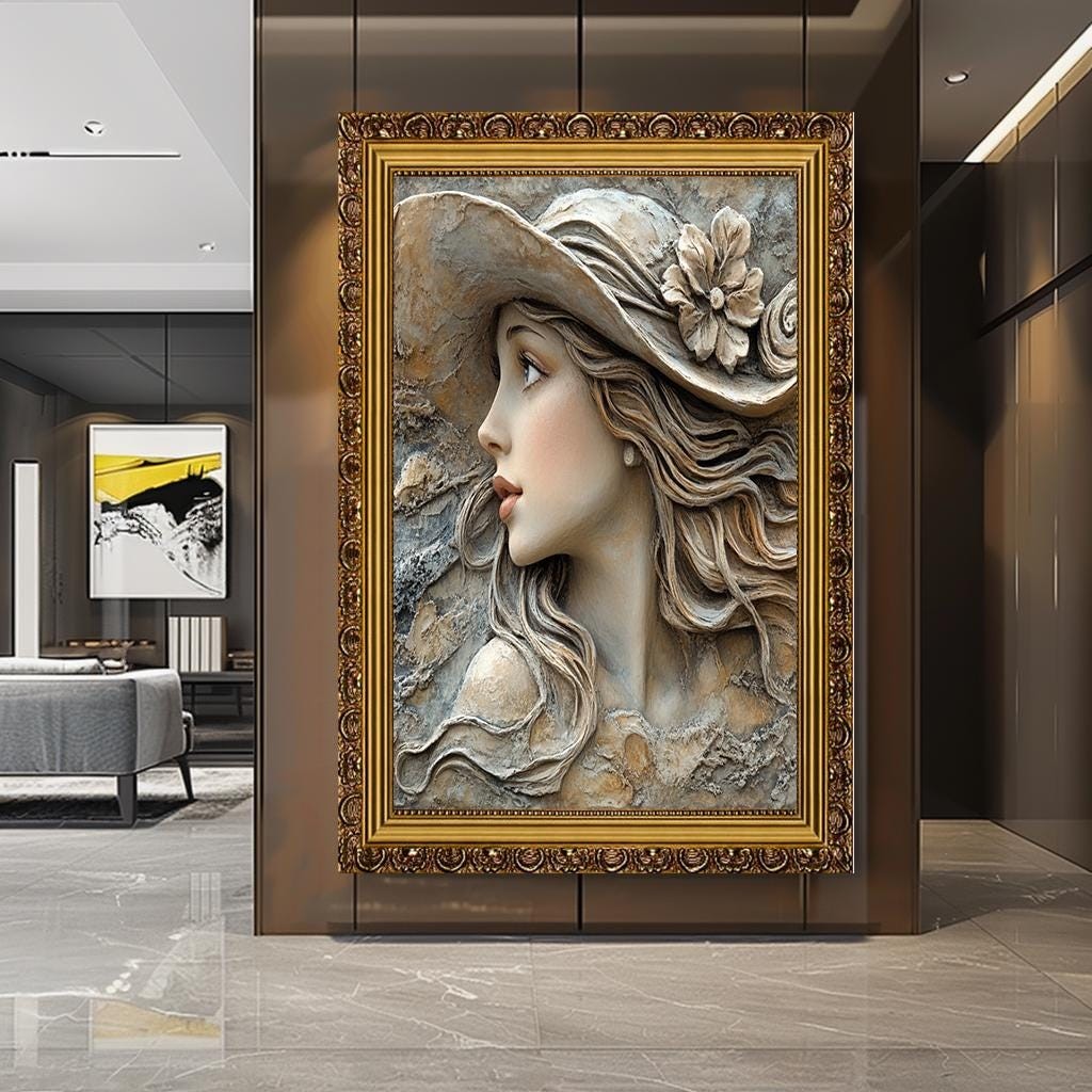 Vintage Woman Wall Art, 3D Textured Canvas, Elegant Lady in Hat, Roman