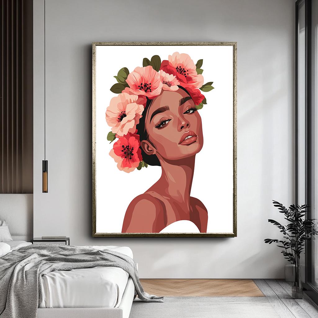 Floral Woman Portrait Wall Art, Elegant Flower Crown Canvas, Feminine 