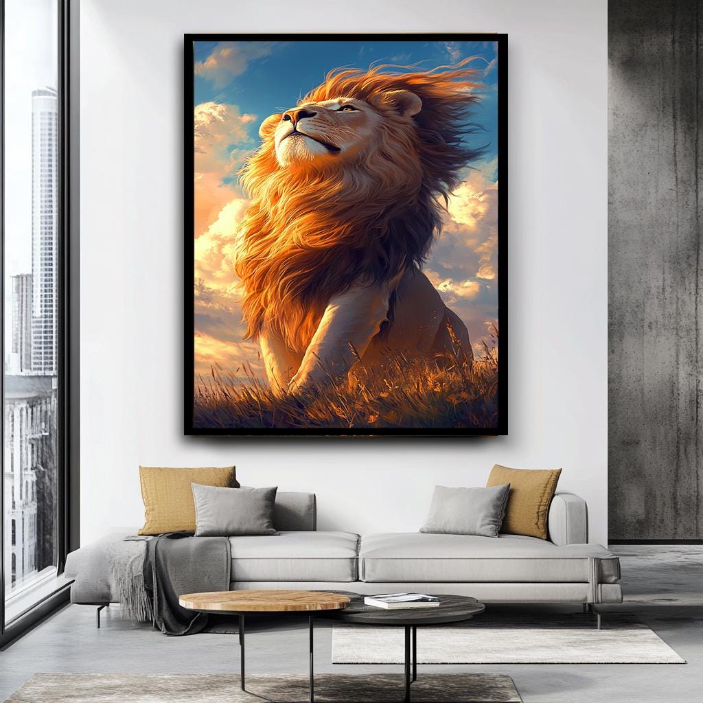 Görkemli Aslan Duvar Sanatı, Büyük Aslan Kanvas Tablo, Gün Batımı Safari Hayvan Tablosu, Aslan Kral Dekoru, Oturma Odası Tablosu Parçası, Hayvan Posteri