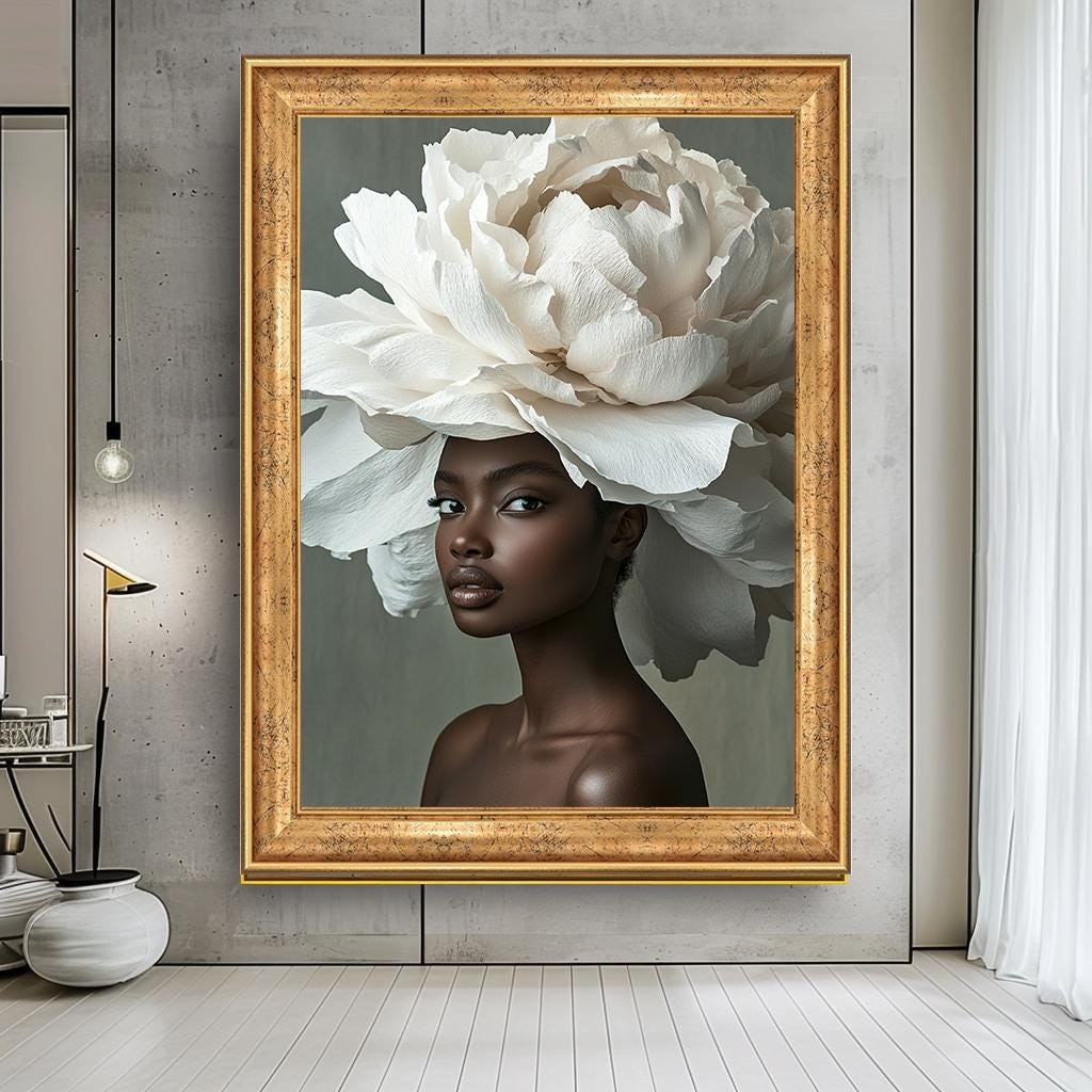 Elegant African Woman with Floral Headpiece Canvas Print, Bold Afrocen