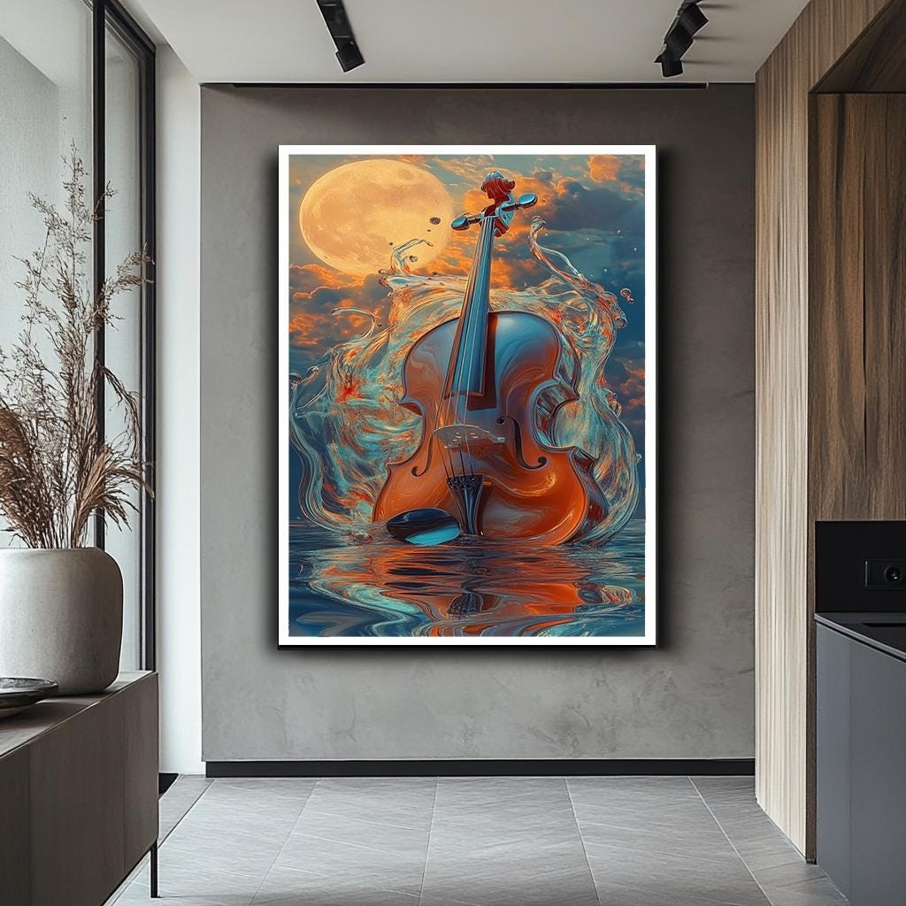 Violin and Moon Canvas Print, Dreamlike Musical Instrument Art, Vibran