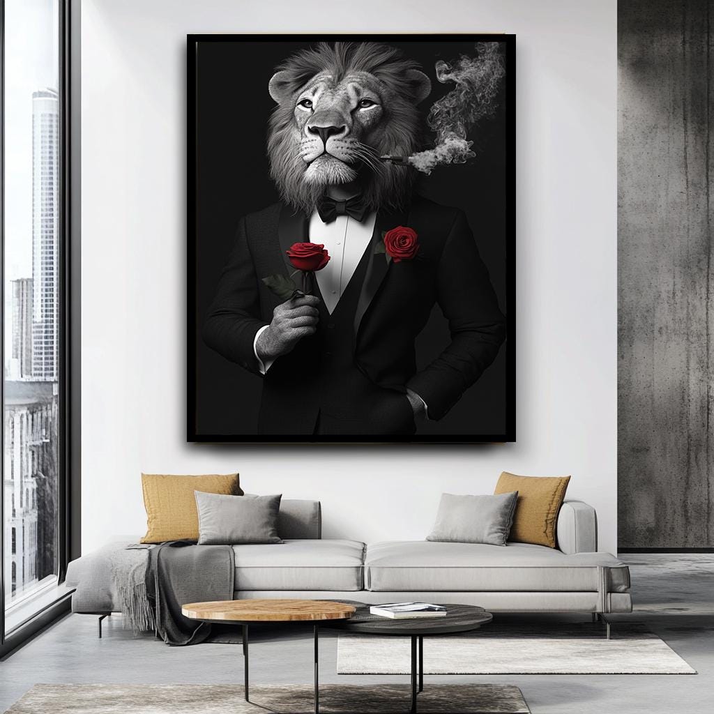 Lion Wall Art in Tuxedo - Modern Animal Portrait, Smoking Lion with Ro