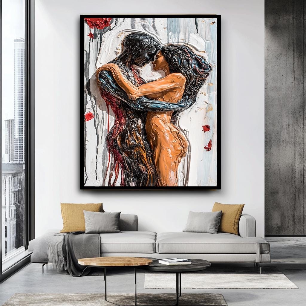 Romantic Couple Abstract Canvas Print, Passionate Lovers Wall Art, Mod