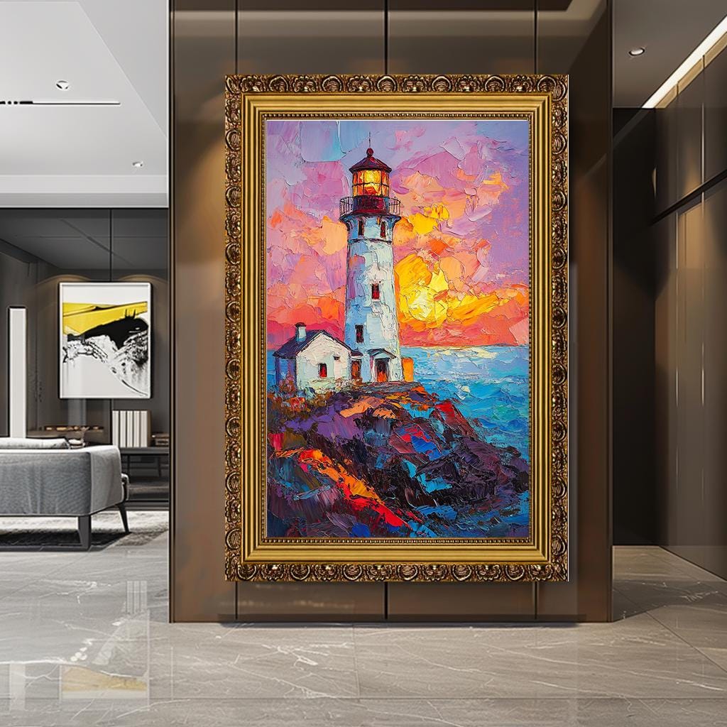 Canlı Deniz Feneri Kanvas Baskı, Renkli Gün Batımı Deniz Manzarası Resim, Oturma Odası için Dokulu Kıyı Duvar Sanatı, Cesur Okyanus Manzarası Dekoru