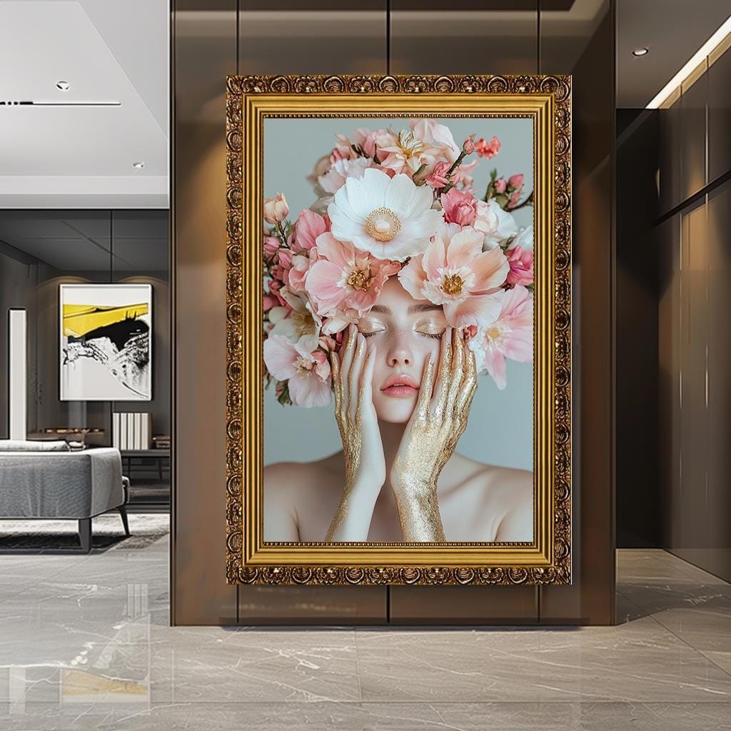 Floral Beauty Portrait Wall Art,,Woman Canvas Art, Woman with Flower C