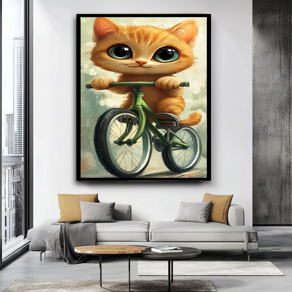Cute Cat on Bicycle Art Print, Whimsical Animal Illustration, Adorable