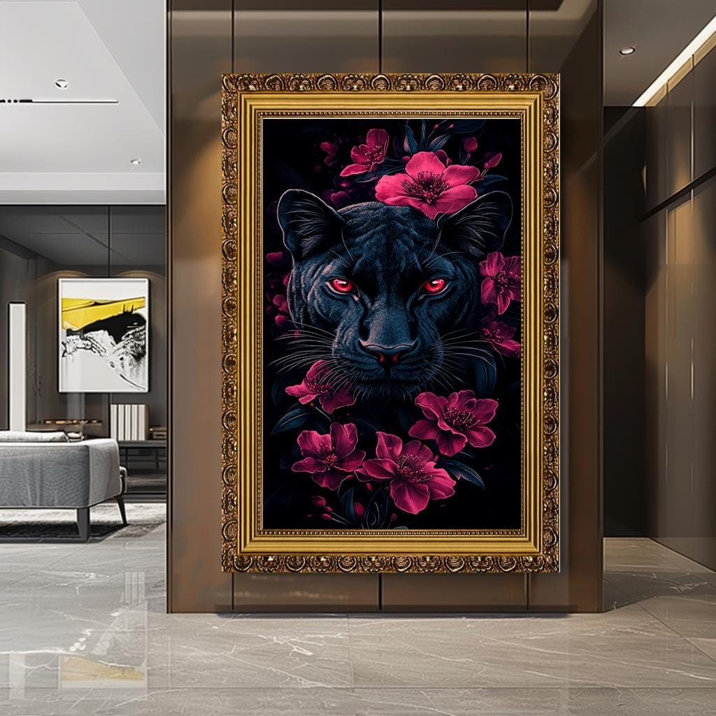 Black Panther with Red Eyes and Floral Accents Canvas Print, Dark and 