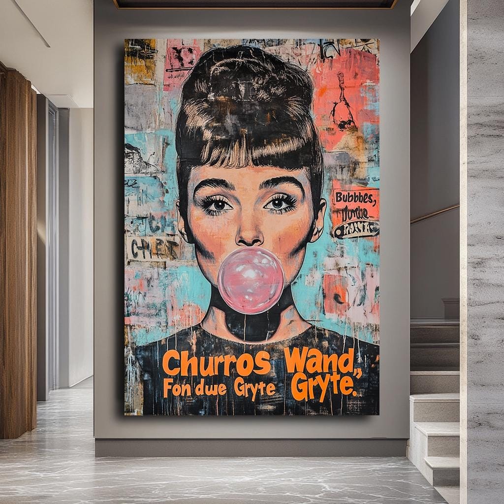 Audrey Hepburn Pop Art Canvas, Bubblegum Street Art Style, Large Moder