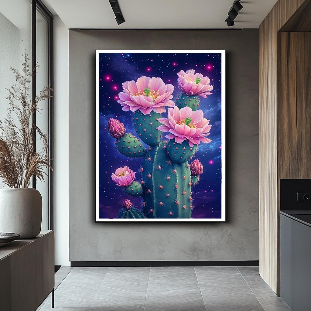 Cactus Flower Art Print, Neon Pink Floral Cactus Wall Art, Cosmic Dese