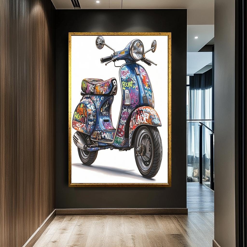 Vintage Graffiti Scooter Canvas Art – Unique Wall Art for Home Decor, 